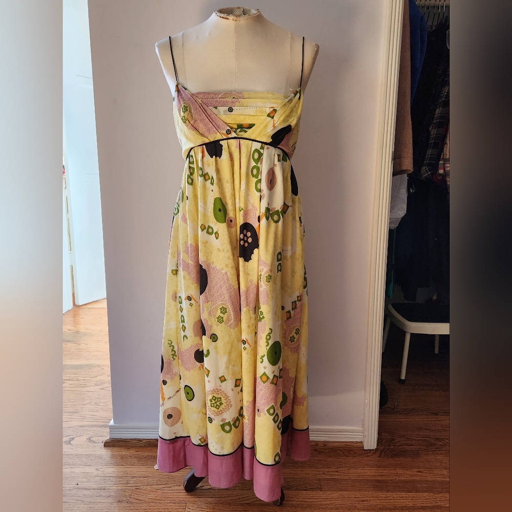 Vintage Catherine Malandrino butter yellow sundress with abstract print, size 6